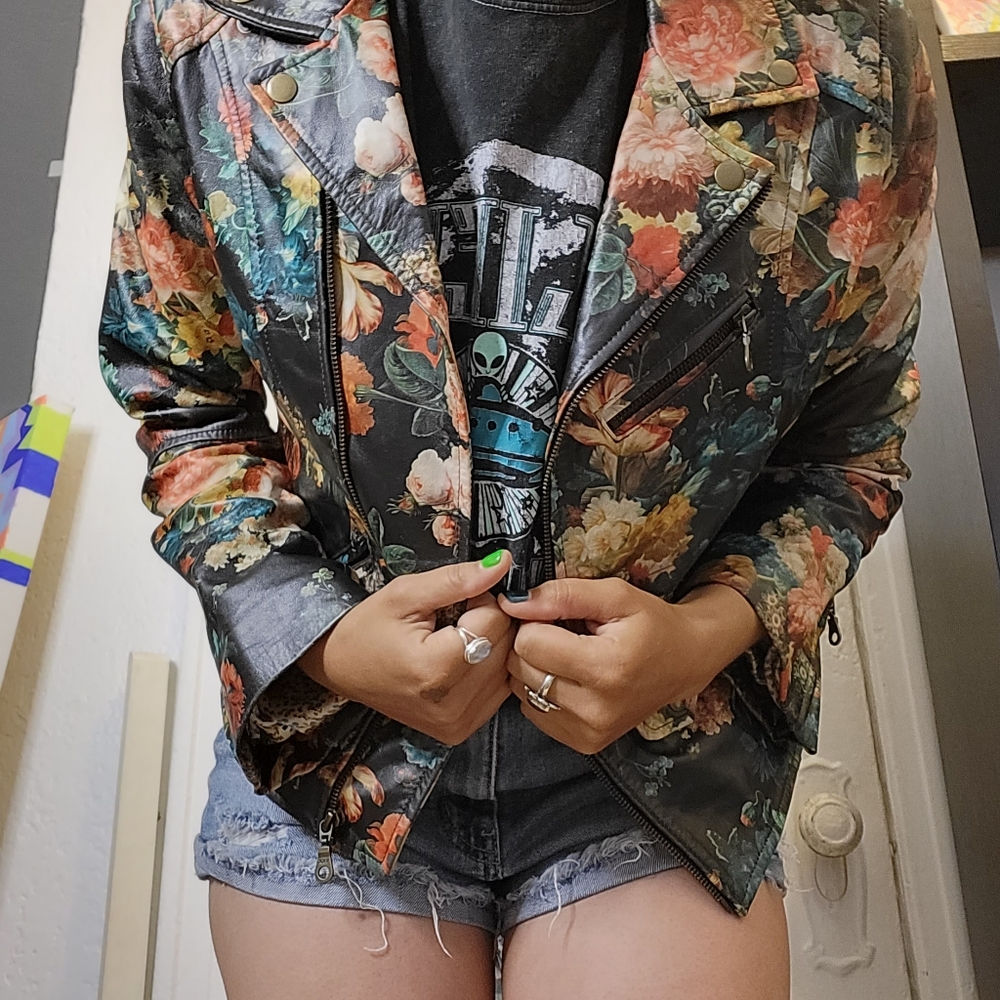 Floral Printed Leather Jacket